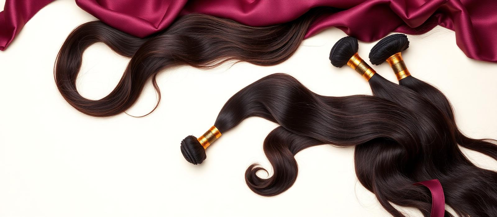 Luxury raw hair bundles styled with plum silk and gold ties